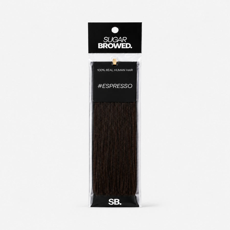 Espresso shade real human eyebrow hair extension by Sugar Browed – 100% natural hair in deep cool brown for defined, full-looking brows.
