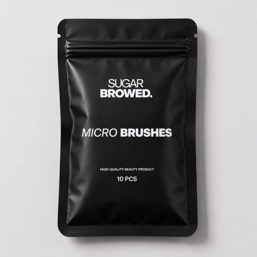 Sugar Browed disposable micro brushes for precise application and product removal during real human lash and eyebrow extension and lamination treatments.