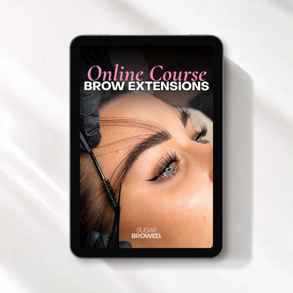 Sugar Browed Brow Extensions Online Course displayed on a tablet featuring a close-up of a professional brow extension treatment on a white background with soft natural light.