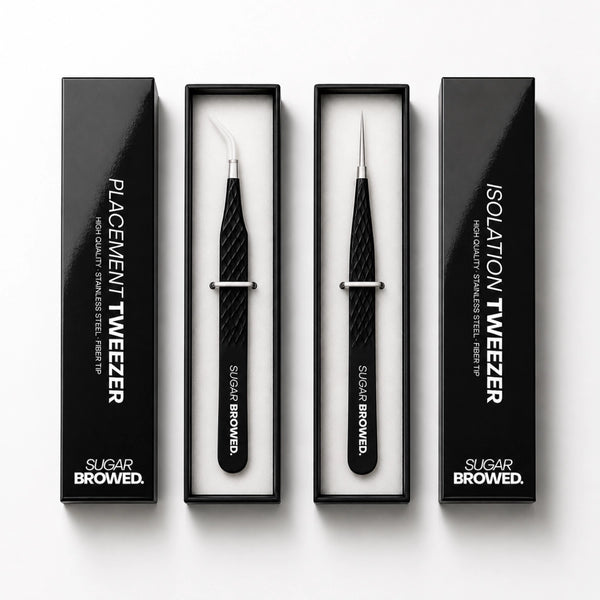 Professional brow extension tweezer set including placement tweezer and isolation tweezer.