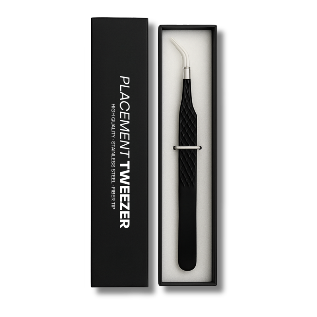 High-quality placement tweezers with fiber tip in luxury black box, designed for precision brow or lash extensions.