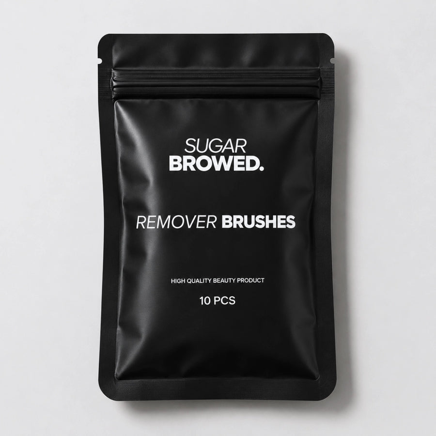 Professional remover brushes by Sugar Browed, designed for gentle product removal during brow lamination and real human hair eyebrow extension treatments.