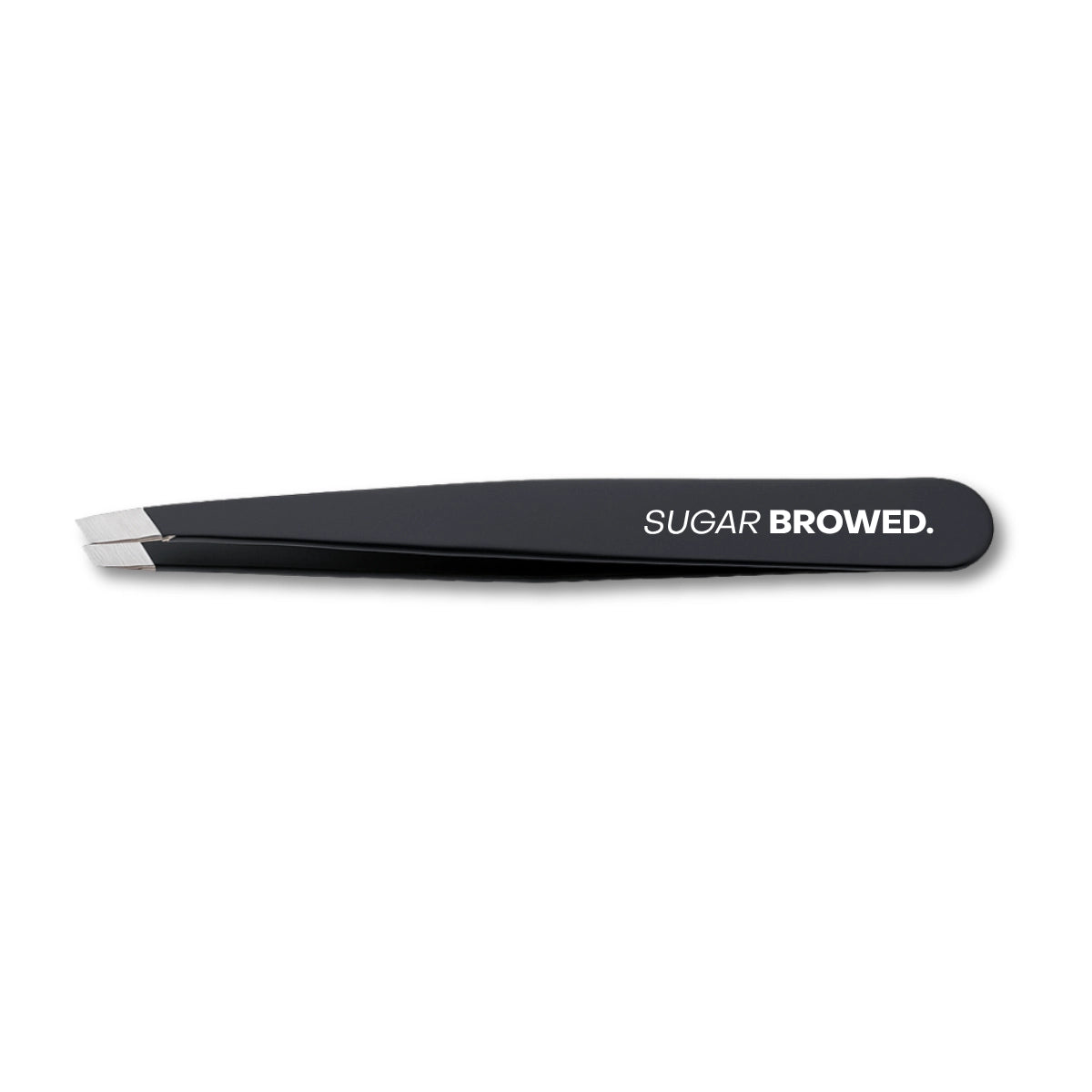 Professional black slant-tip tweezers for precise eyebrow shaping and hair removal – sleek, matte finish