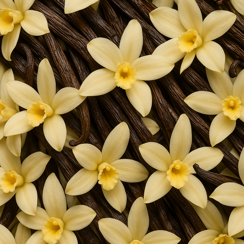 Vanilla-toned brow product with vanilla flowers and pods – elegant natural brow tint inspiration