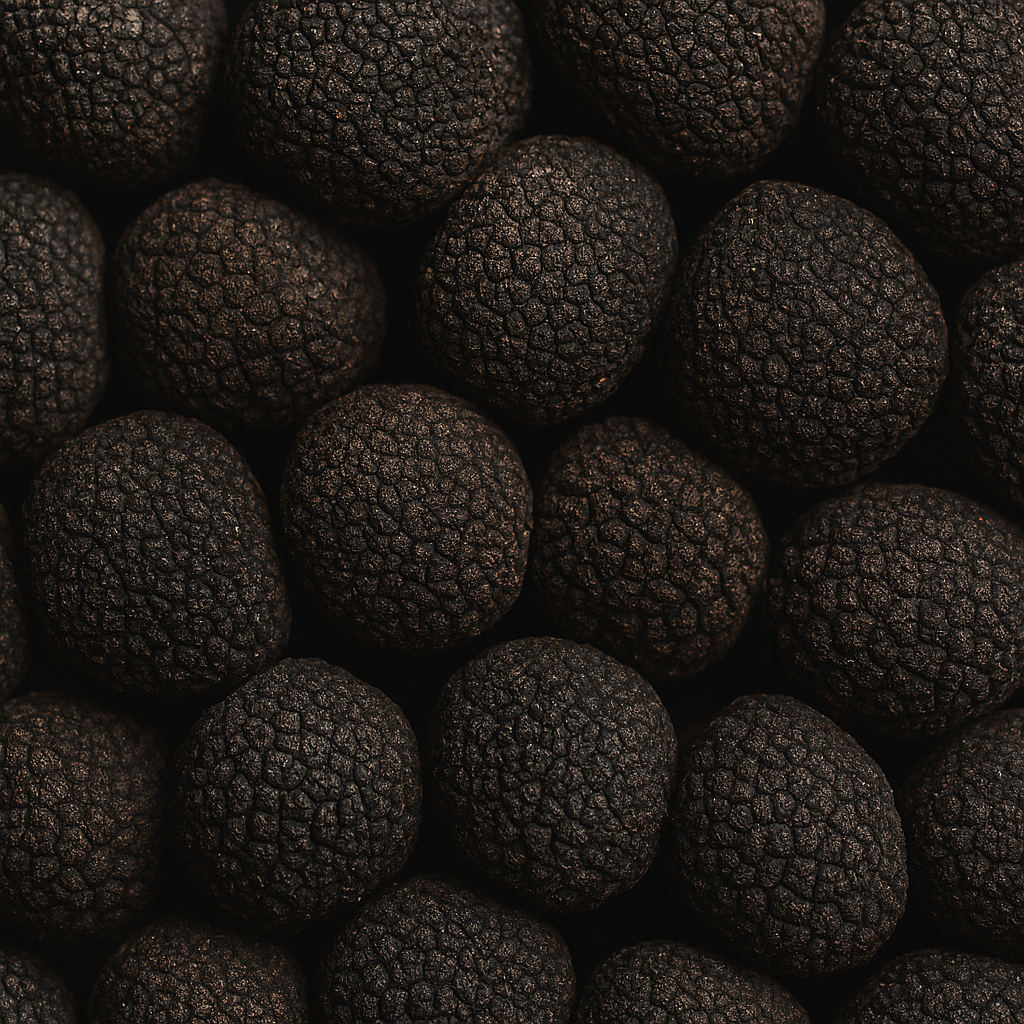 Close-up view of fresh black truffles with rich texture and earthy surface, ideal for gourmet culinary use.