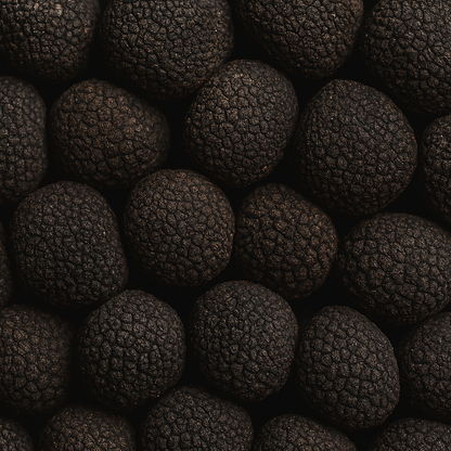 Close-up view of fresh black truffles with rich texture and earthy surface, ideal for gourmet culinary use.