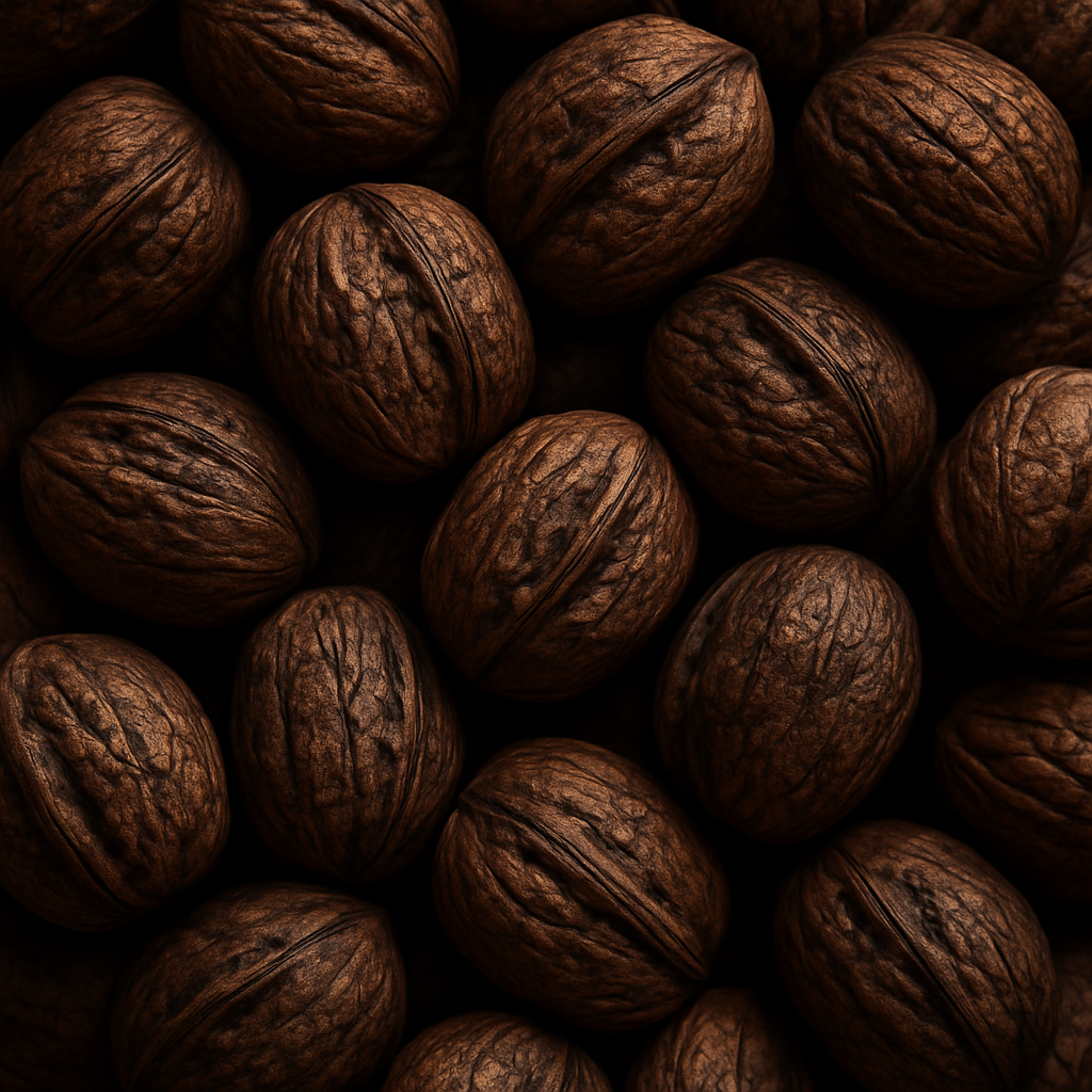 Close-up of premium dark walnuts showcasing rich brown textures for natural brow extension color inspiration.