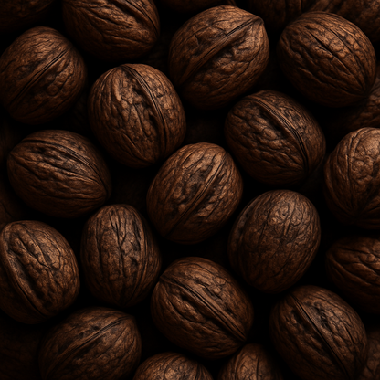 Close-up of premium dark walnuts showcasing rich brown textures for natural brow extension color inspiration.
