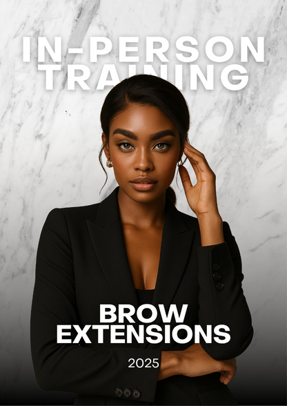 Two women at Sugar Browed training center, proudly showcasing a Brow Extension certificate. The certified student holds her official Sugar Browed certificate, standing beside a professional brow trainer. Both wear natural makeup with defined eyebrows and are posed in front of a clean off-white background with the Sugar Browed logo.