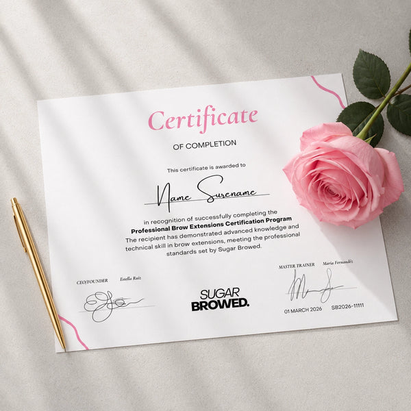 Sugar Browed Brow Extensions Certificate of Completion awarded after successfully completing the professional online Brow Extensions course.