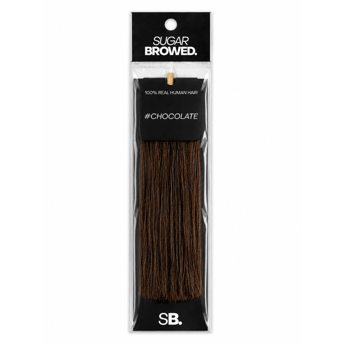 Chocolate shade real human eyebrow hair extension by Sugar Browed – warm, rich brown color made from 100% natural human hair for full and natural-looking brows.