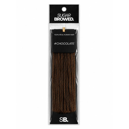 Chocolate shade real human eyebrow hair extension by Sugar Browed – warm, rich brown color made from 100% natural human hair for full and natural-looking brows.