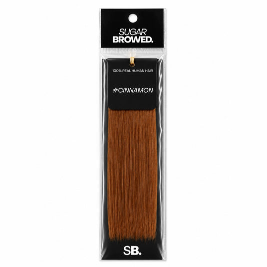 Cinnamon shade real human eyebrow hair extension by Sugar Browed – warm reddish-brown brow color made from 100% natural human hair for a soft, natural look.