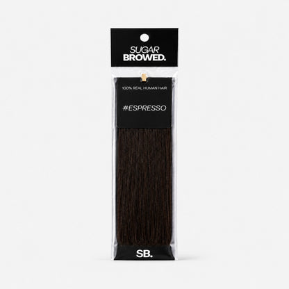 Espresso shade real human eyebrow hair extension by Sugar Browed – 100% natural hair in deep cool brown for defined, full-looking brows.
