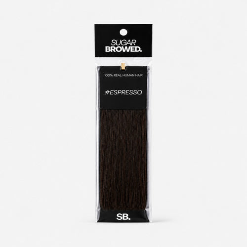 Espresso shade real human eyebrow hair extension by Sugar Browed – 100% natural hair in deep cool brown for defined, full-looking brows.