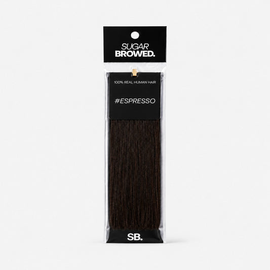 Espresso shade real human eyebrow hair extension by Sugar Browed – 100% natural hair in deep cool brown for defined, full-looking brows.