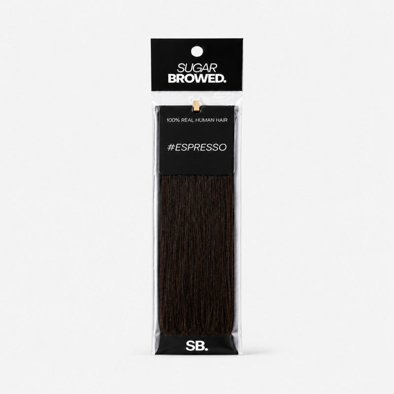 Espresso shade real human eyebrow hair extension by Sugar Browed – 100% natural hair in deep cool brown for defined, full-looking brows.