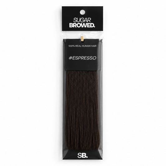 Espresso shade real human eyebrow hair extension by Sugar Browed – 100% natural hair in deep cool brown for defined, full-looking brows.