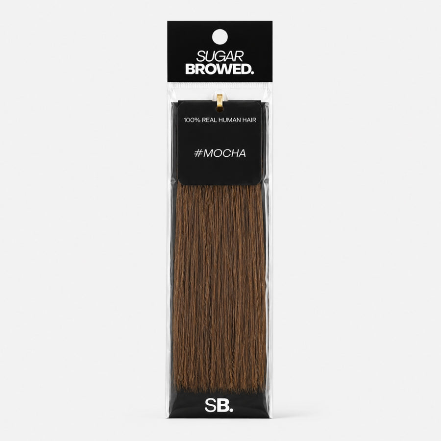 Mocha shade real human eyebrow hair extension by Sugar Browed – rich medium brown eyebrow hair made from 100% natural human hair for full, defined brows.