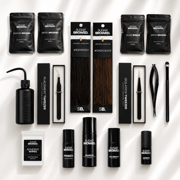 Professional Brow Extensions Starter Kit by Sugar Browed with brow extension fibers, tweezers, adhesive, primer, remover, shampoo, brushes, glue rings and application tools for professional brow artists.