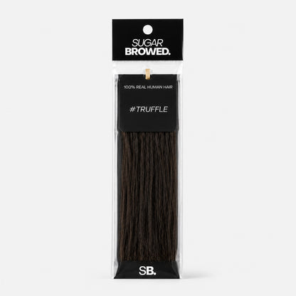 Truffle shade real human eyebrow hair extension by Sugar Browed – deep natural brown tone made from 100% real human hair for full, defined brows.