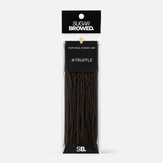 Truffle shade real human eyebrow hair extension by Sugar Browed – deep natural brown tone made from 100% real human hair for full, defined brows.