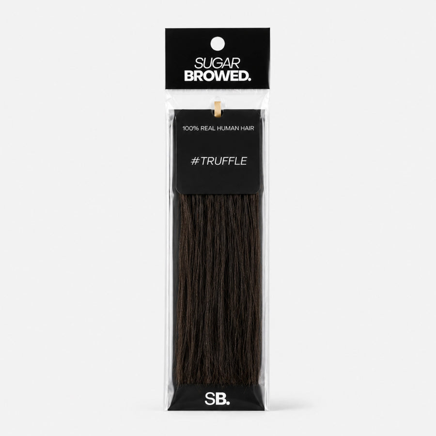 Truffle shade real human eyebrow hair extension by Sugar Browed – deep natural brown tone made from 100% real human hair for full, defined brows.