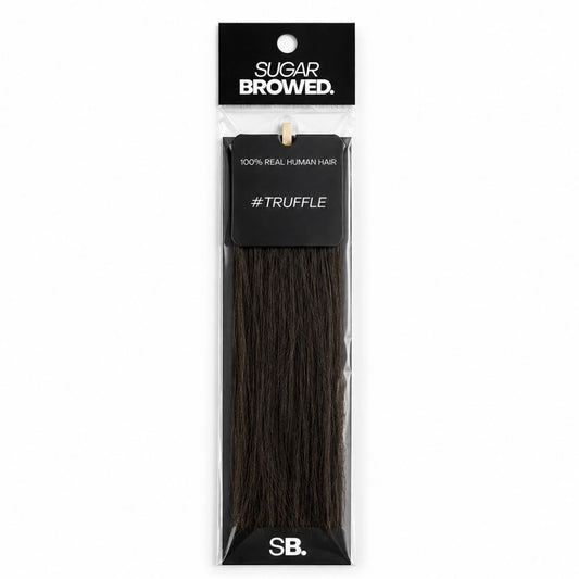 Truffle shade real human eyebrow hair extension by Sugar Browed – deep natural brown tone made from 100% real human hair for full, defined brows.