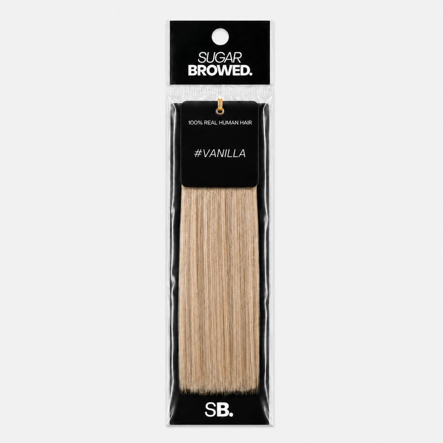Vanilla shade real human eyebrow hair extension by Sugar Browed – light blonde brow color made from 100% natural human hair for soft, natural-looking eyebrows.