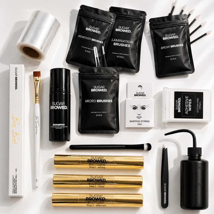 Professional Brow Lamination Starter Kit by Sugar Browed with Brow Lift System, mapping string, adhesive wipes, shampoo, remover brushes, lamination brushes, tweezers and essential brow lamination tools for professional brow artists.
