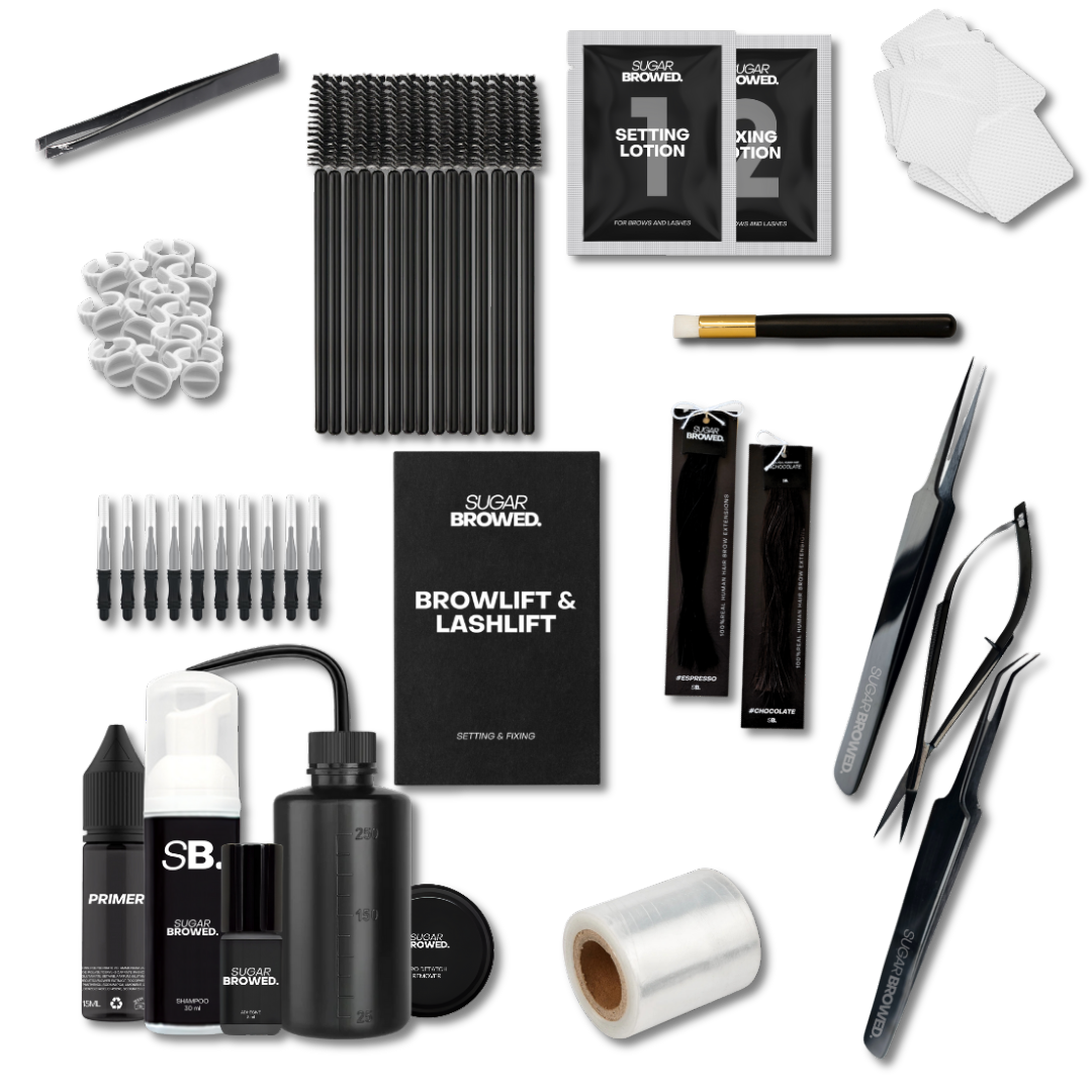 Complete combination starter kit for brow extensions and brow lamination, elegantly arranged in a branded box. Includes professional tools such as isolation and placement tweezers, brow & lash lifting solutions, adhesive, brushes, lamination film, water bottle, remover brushes, brow extensions, glue rings, cleansing wipes, and lamination brushes, ideal for stylists offering both treatments.