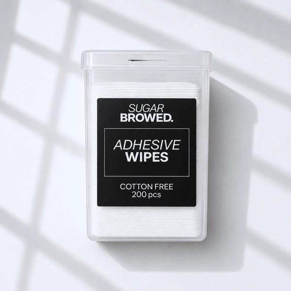 Sugar Browed cotton-free adhesive wipes for professional brow and lash treatments.