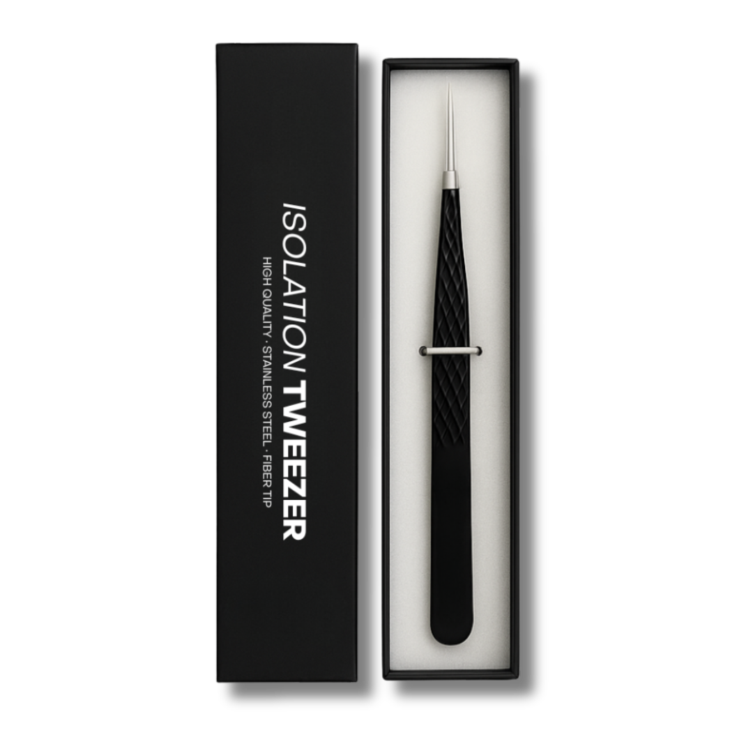 High-quality isolation tweezers with fiber tip in luxury black box, designed for precision brow or lash extensions.