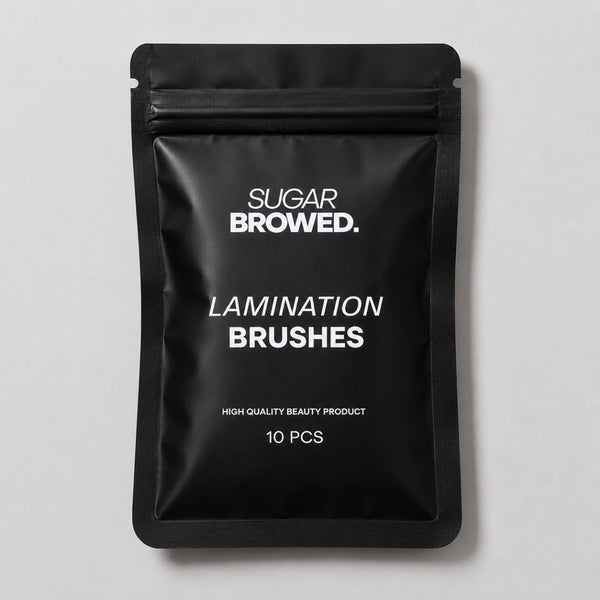 Fine, flexible disposable lamination brushes designed for precise application and styling of brow lamination treatments.