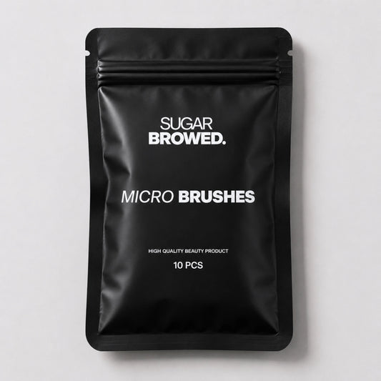 Sugar Browed disposable micro brushes for precise application and product removal during real human lash and eyebrow extension and lamination treatments.