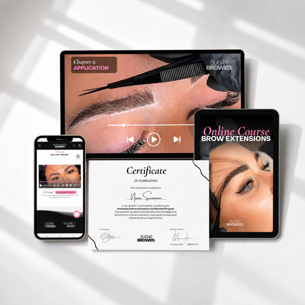 Sugar Browed Brow Extensions Online Course displayed across desktop, tablet and smartphone with certificate of completion, demonstrating lifetime online training and multi-device access.
