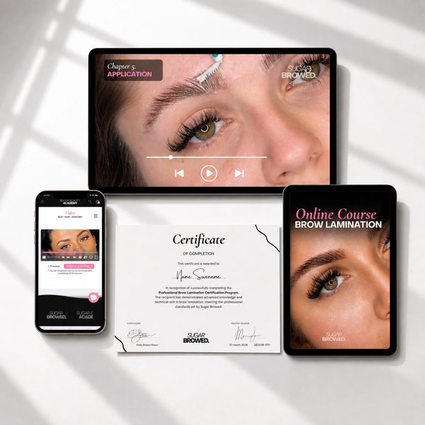 Online Brow Lamination Course by Sugar Browed featuring professional brow lamination training, step-by-step lessons, certification, and lifetime access for beauty professionals and aspiring brow artists.