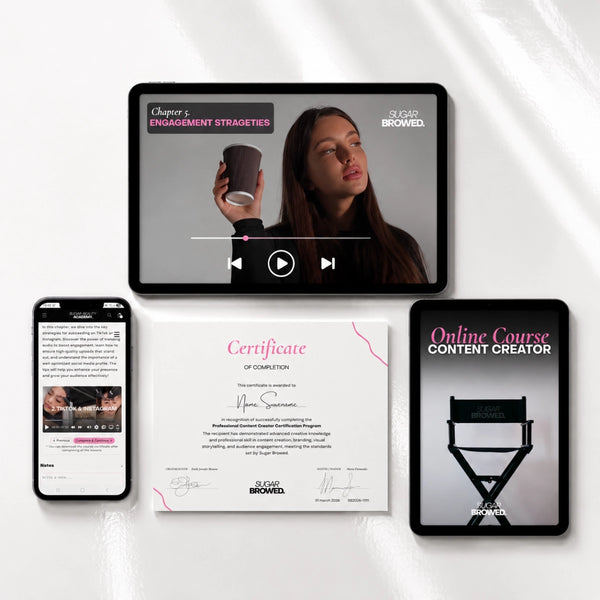 Sugar Browed Online Content Creator Course with video lessons, mobile learning, certification and social media content training for beauty professionals and entrepreneurs.