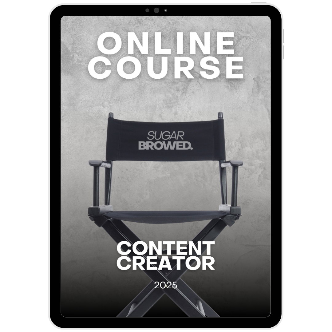 Online course for content creators by Sugar Browed – black director's chair on tablet screen, 2025