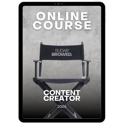 Online course for content creators by Sugar Browed – black director's chair on tablet screen, 2025