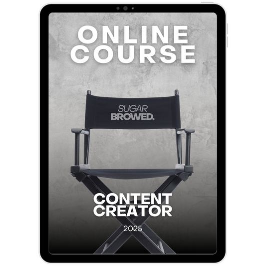 Online course for content creators by Sugar Browed – black director's chair on tablet screen, 2025