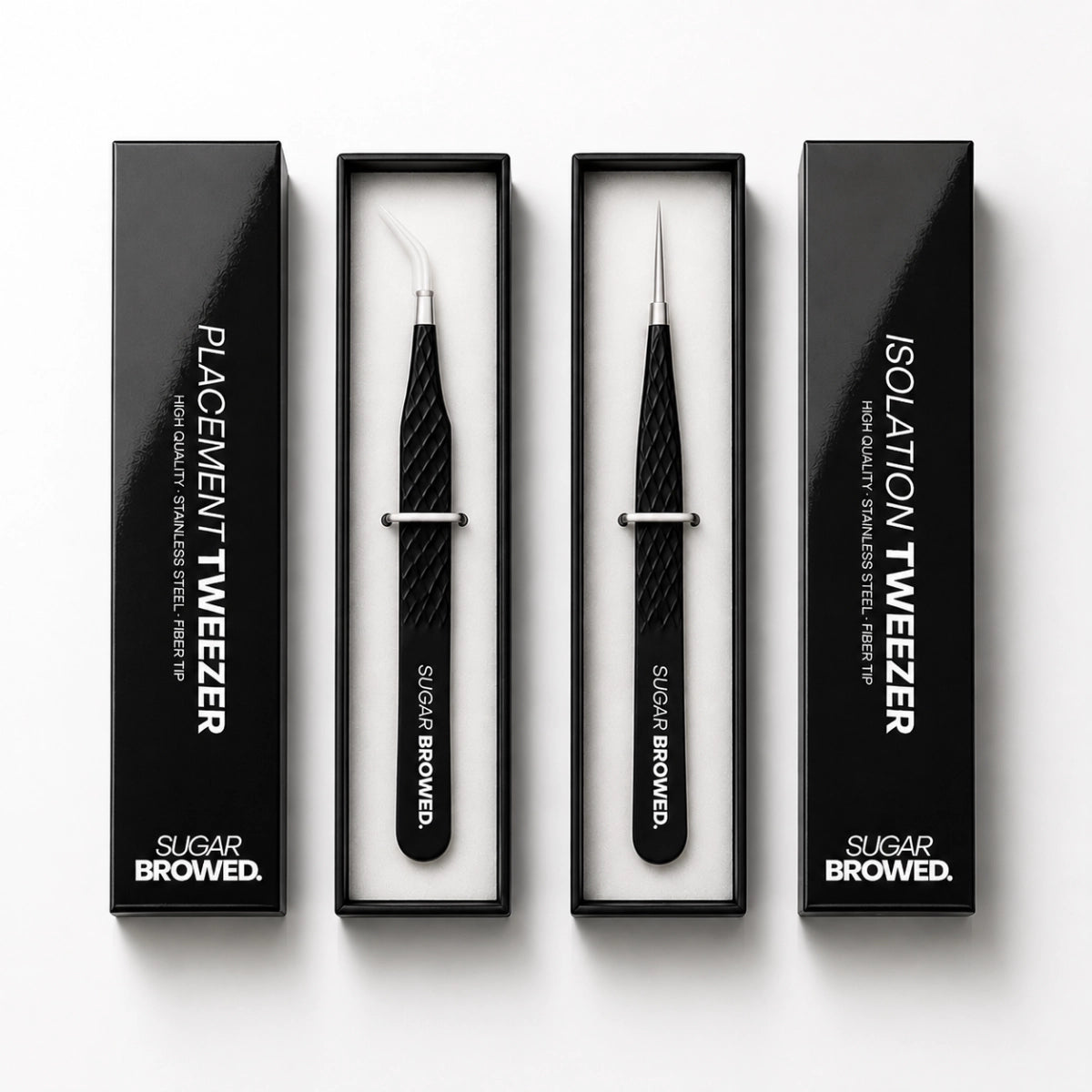 Professional brow extension tweezer set including placement tweezer and isolation tweezer. 