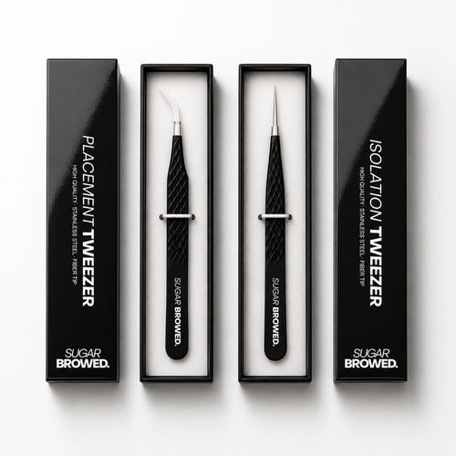 Professional brow extension tweezer set including placement tweezer and isolation tweezer. 