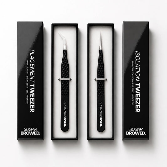 Professional brow extension tweezer set including placement tweezer and isolation tweezer. 