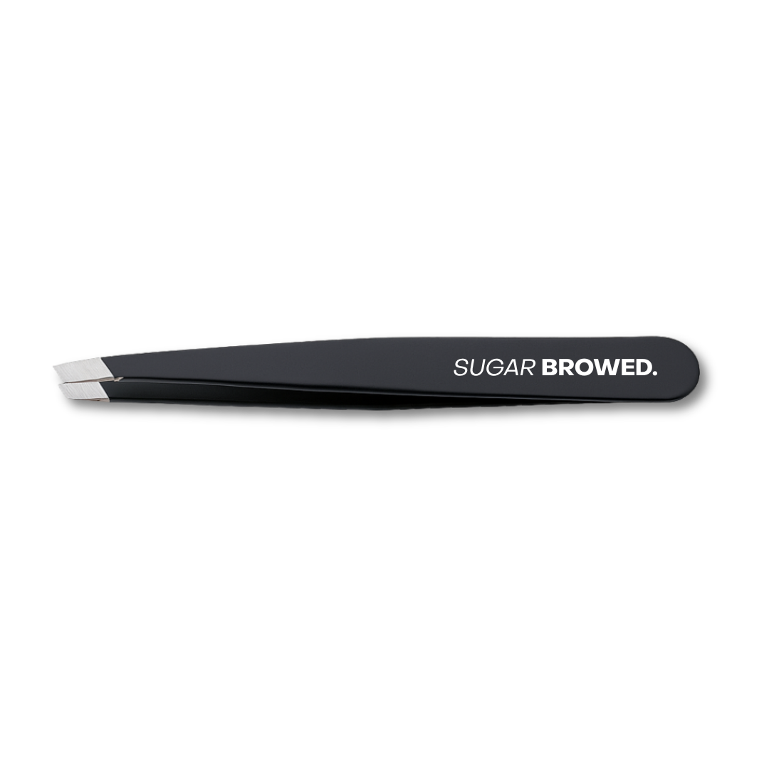 Professional black slant-tip tweezers for precise eyebrow shaping and hair removal – sleek, matte finish