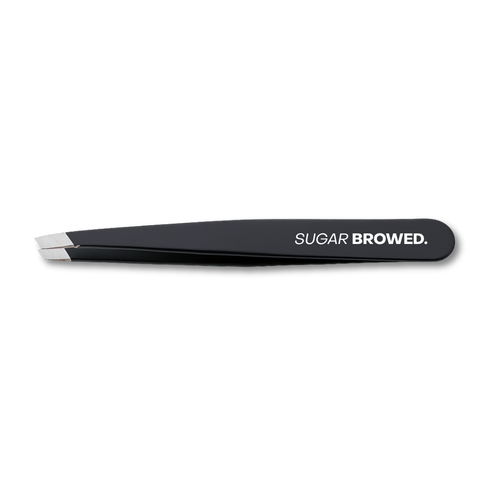Professional black slant-tip tweezers for precise eyebrow shaping and hair removal – sleek, matte finish