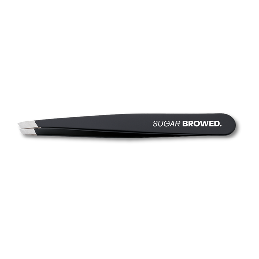 Professional black slant-tip tweezers for precise eyebrow shaping and hair removal – sleek, matte finish