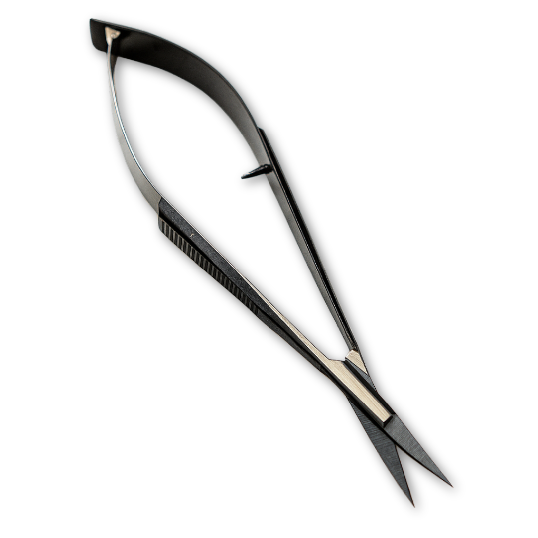 Precision scissors for brow extensions by SUGAR BROWED®, professional tool with curved ergonomic handle on white background.