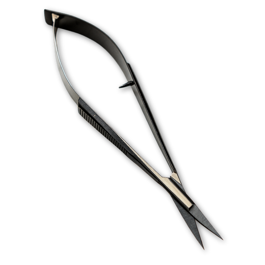 Precision scissors for brow extensions by SUGAR BROWED®, professional tool with curved ergonomic handle on white background.