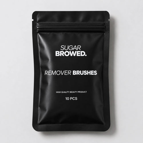 Professional remover brushes by Sugar Browed, designed for gentle product removal during brow lamination and real human hair eyebrow extension treatments.
